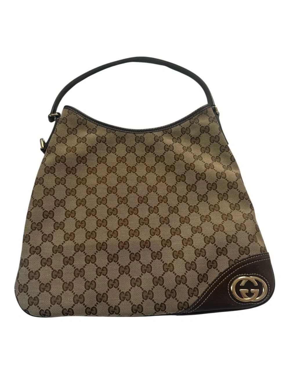Gucci Brown Beige GG Canvas Shoulder Bag with Gold Logo